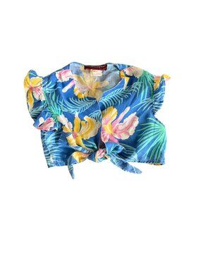 Rodeo Drive California Kids Vintage  Tropical Floral Tie-Front Crop Top Blue & M